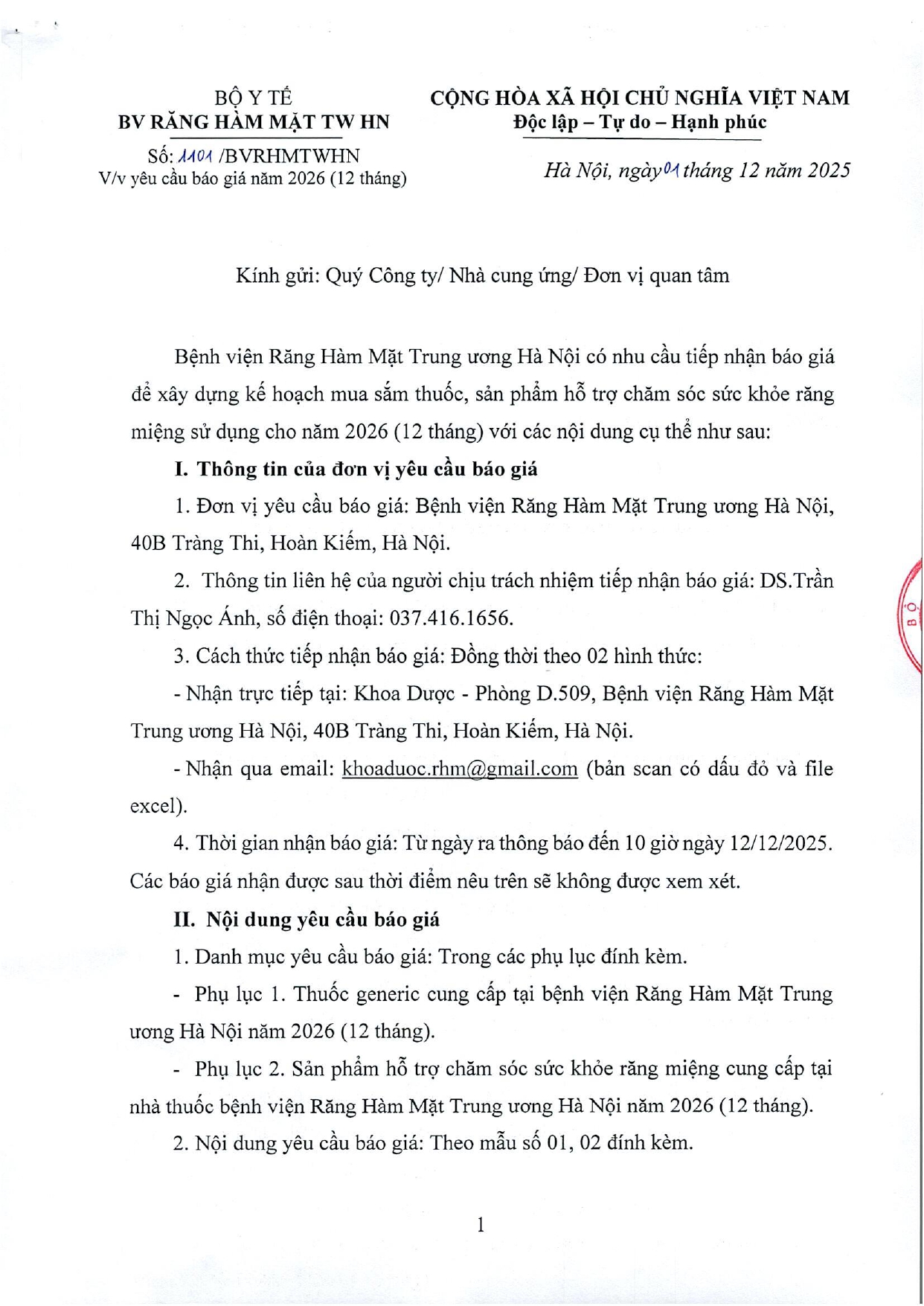 THƯ MỜI BÁO GIÁ THUỐC, SẢN PHẨM HỖ TRỢ CHĂM SÓC SỨC KHỎE RĂNG MIỆNG NĂM 2026 (12 THÁNG)